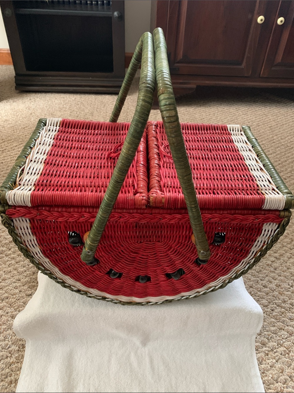 Handwoven Watermelon-Themed Picnic Basket - Red, Green & White
